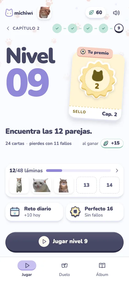 Captura de la app: pantalla Jugar con el nivel 9 y su premio, el sello del capítulo 2.