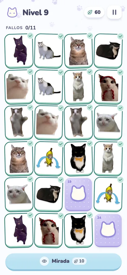 Captura de la app: tablero de 24 cartas con casi todas las parejas resueltas.